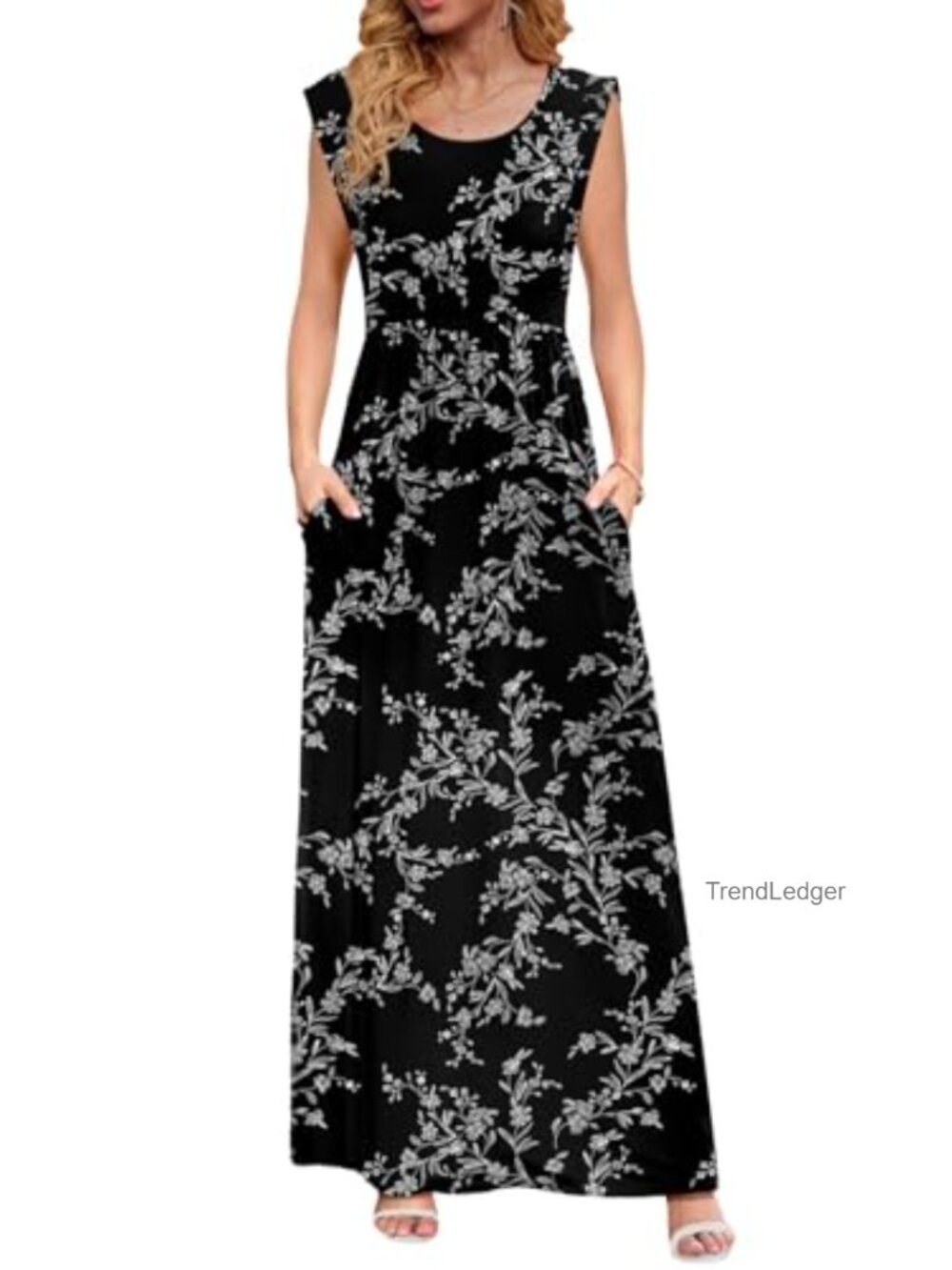 Women's Maxi Dress Empire Waist Cap Sleeve Sundress with Pockets